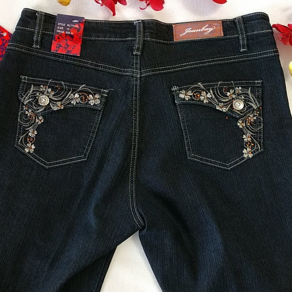 NEW Women's Stretch Jeans Bling Embroidery Straight Leg Dark Rinse Jeanbay Sz 10
